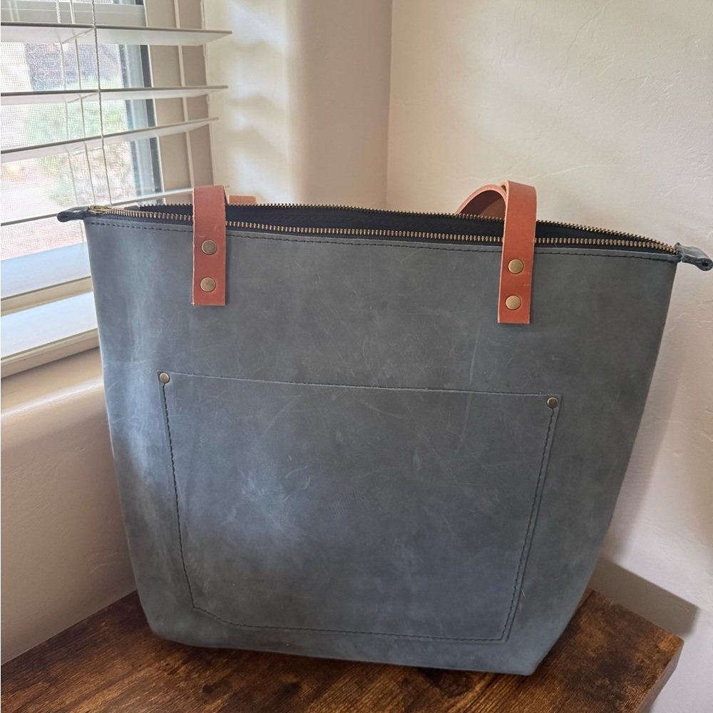 Portland leather tote in storm